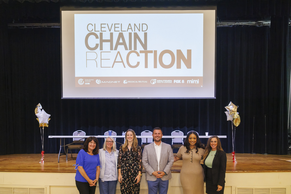 Cleveland Chain Reaction season seven judges (left to right): Maria Mastrandrea, Minutemen Family of Companies; Laura Lennerth, Medical Mutual; Liz DeCarlo, MAGNET; Taylor Evans, Rust Belt Recruiting; Cheryl Perez, Cheryl C Perez Enterprises; Megan Kim, C